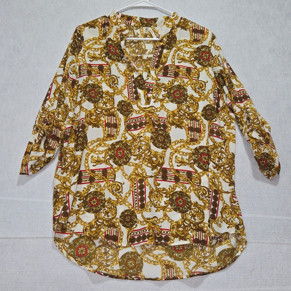 L#25 TRUTH NYC Womens Tunic Top Sheer Chain‎ Print Size L